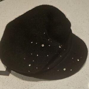 Elegant Black Wool Hat with Rhinestone Accents